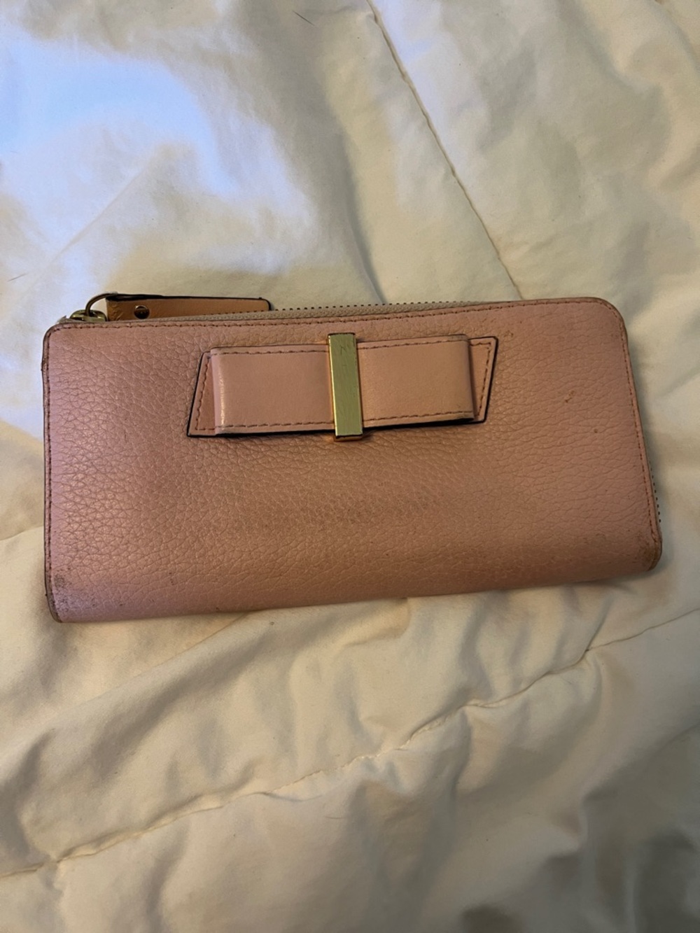 kate spade Blush Pink Bow Zip Around Wallet with Gold Accent